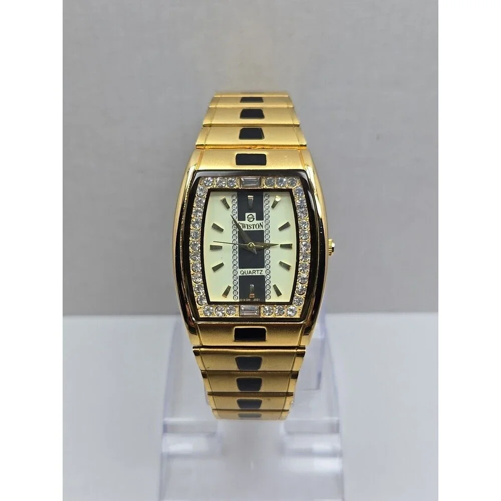 Swiston SW2001M Mens 18K Electro Plated Gold Crystal Tank Watch New Battery